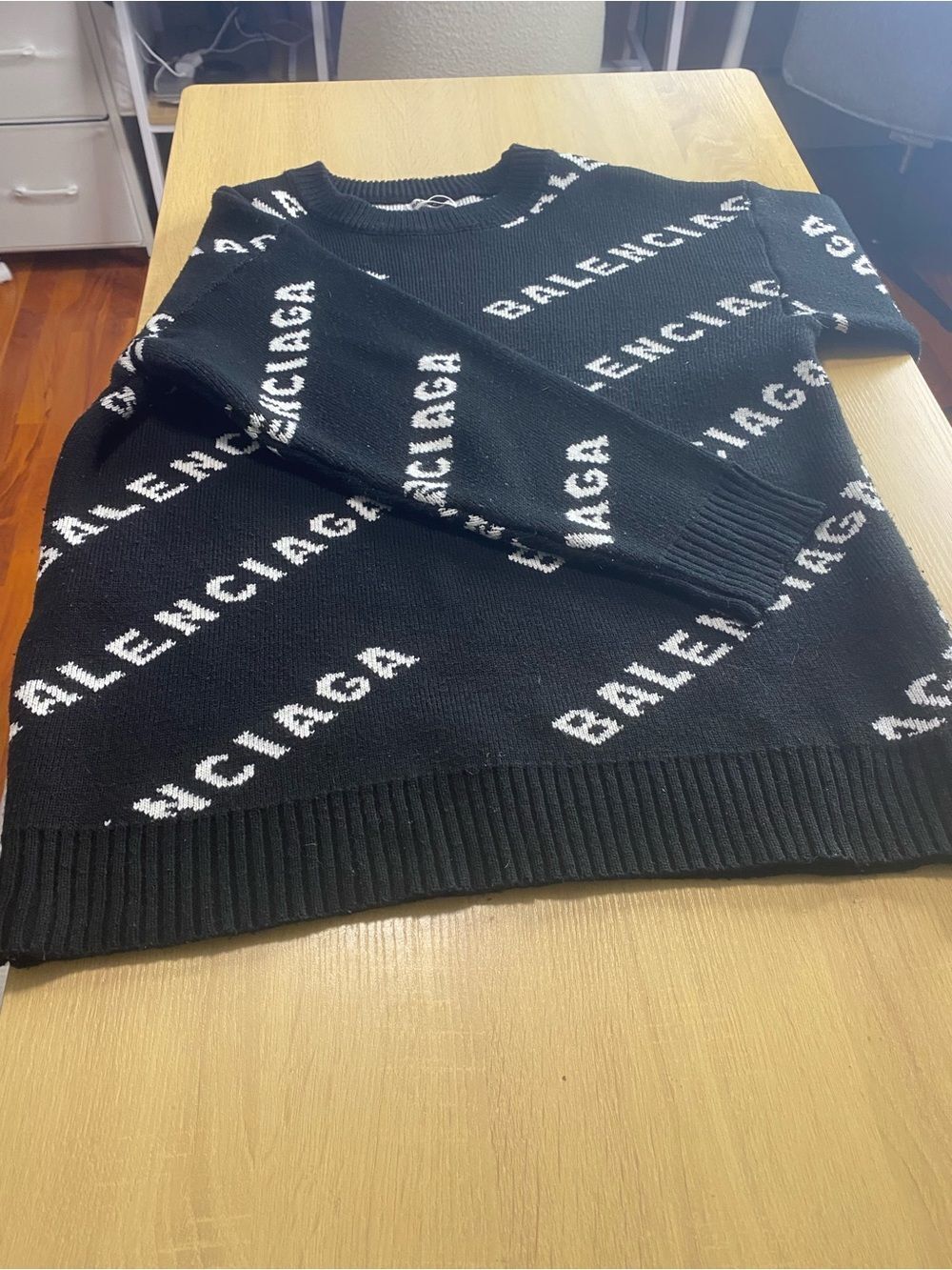 🛍️Balenciaga Black Crewneck Sweater with White All-Over Logo - Picture 3 of 14